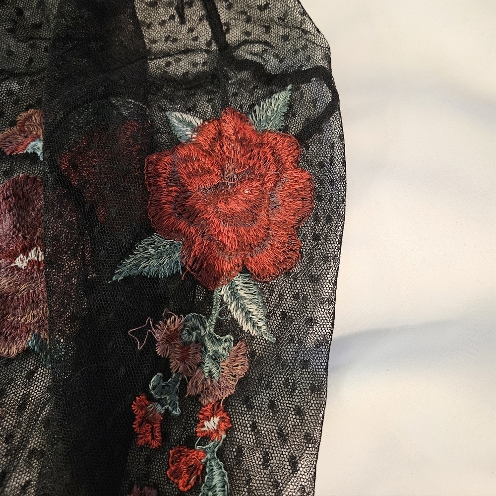American Eagle Outfitters. Black Mesh Top with Red Floral Embroidery - Picture 2 of 3